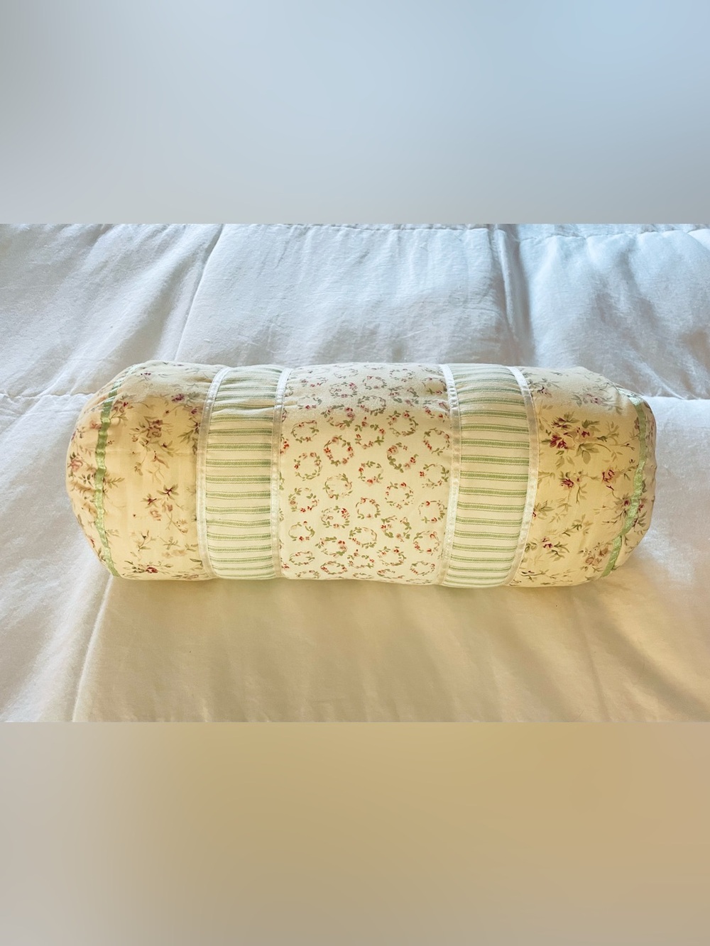 Vintage Floral Bolster Pillow Decorative Shabby Chic Cotton Pink Green 7x18